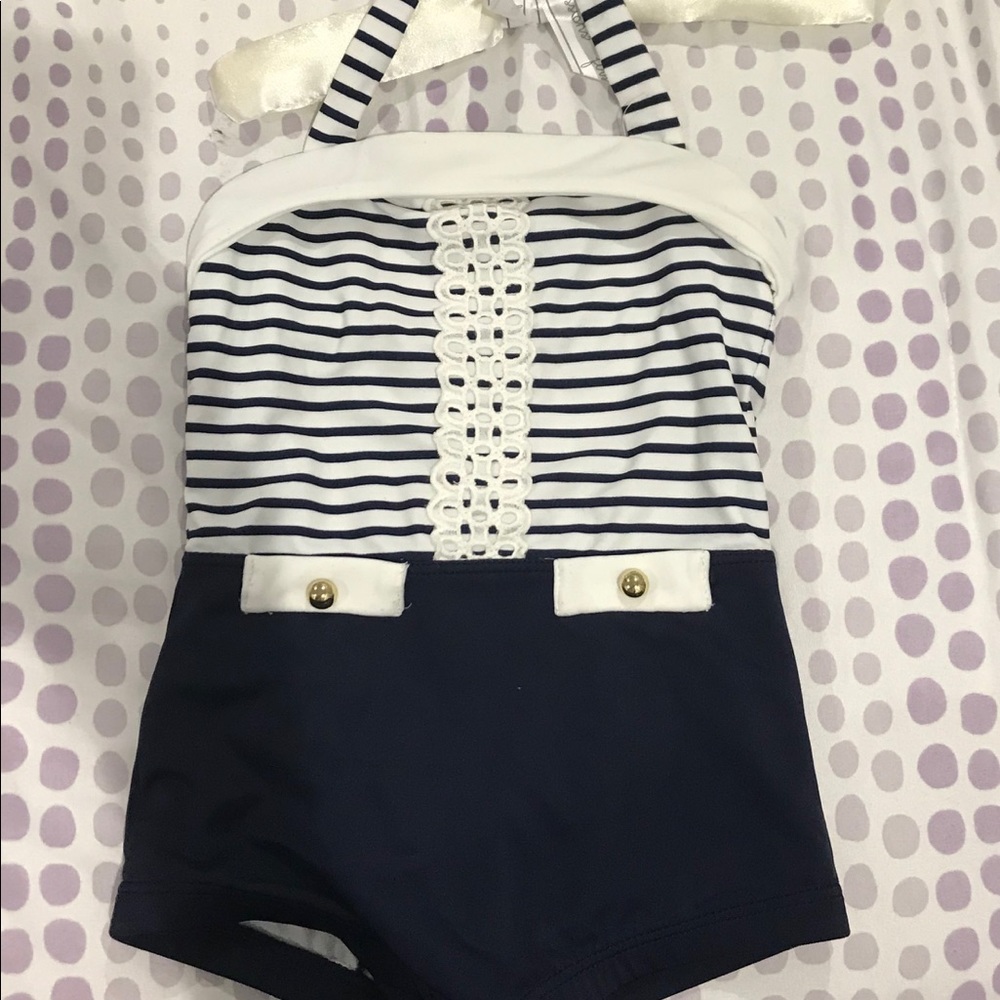 Janie And Jack Girld Swimsuit,Navy Blue and White.